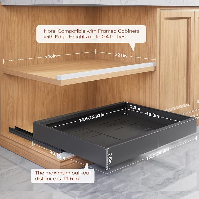 Seinloes 2 Pack Pull Out Cabinet Organizers 21" Deep With Raising Pad for Framed Cabinets, Expandable Width (15.2"-26.3") Slide Out Drawers Upgrade 3 Slide Rails, Roll Out Shelves Adhesive, Black - Image 4