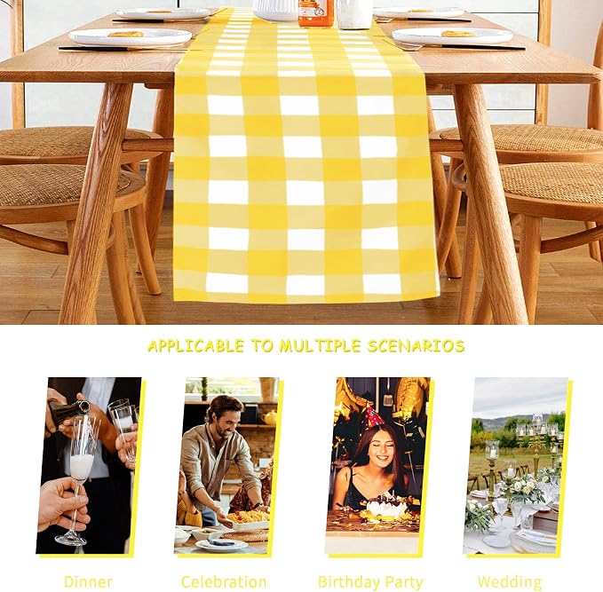 Cupuamon Fabric Checkered Table Runner 1 Pack Waterproof Gingham Table Runner 14W x 108L Buffalo Check Table Runners for Parties Kitchen Dining Wedding Banquet (Yellow and White) - Image 3