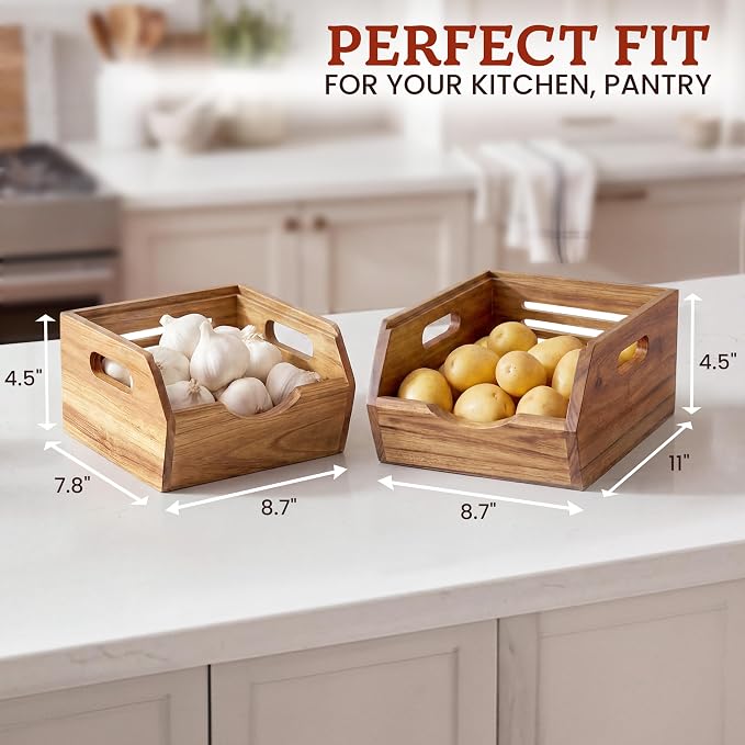 HOMESTEAD Stackable Wood Storage Bin, Ventilated Potato and Onion Storage Organizer with Handles, Wooden Pantry Organizer Bins for Fruit, Vegetables, Potatoes and Onions Storage, Natural - Image 6