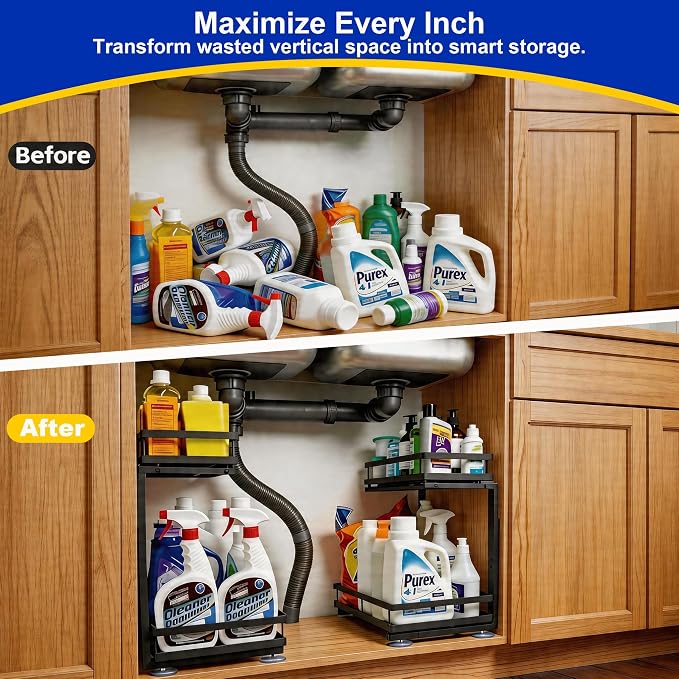 2-Tier Metal Pull-Out Under Sink Organizer, Black, 2 Pack | Carbon steel 2-tier set, ball-bearing slides, adjustable height, no-drill setup, for kitchen and bathroom cabinets - Image 5