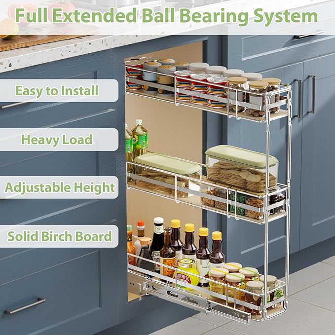 ROOMTEC 3-Tier Pull Out Cabinet Organizer Spice Rack for Narrow Cabinet 6" W x 20½" D, Slide Out Wood Shelves Storage for Kitchen - Image 2
