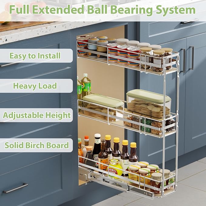 ROOMTEC 3-Tier Pull Out Cabinet Organizer Spice Rack for Narrow Cabinet 7" W x 20½" D, Slide Out Wood Shelves Storage for Kitchen - Image 2
