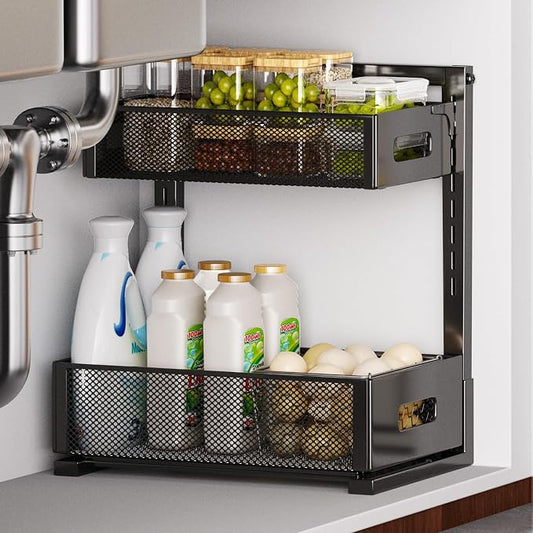 Under Sink Organizer for Bathroom & Kitchen, Under Cabinet Storage Shelf, Bathroom Cabinet Organizer Vanity Drawer Pantry Organization, Multi-Purpose Under Sink Slide Out Storage Shelf by petiza