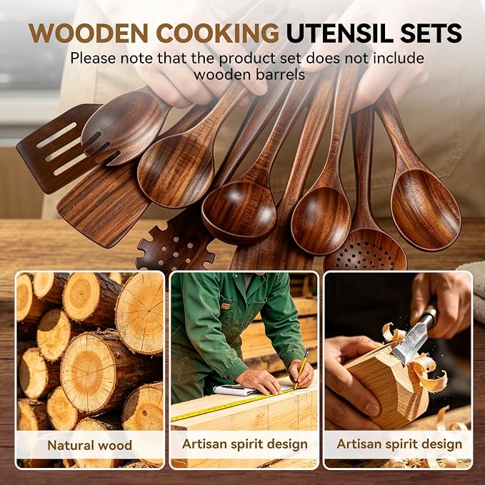 10PCS Wooden Utensil Set for Cooking, Non Toxic Wood Kitchen Utensils Set with Spatula & Wooden Spoons for Cooking, Dishwasher Safe Teak Wood Cooking Utensils for Non Stick Cookware - Image 4