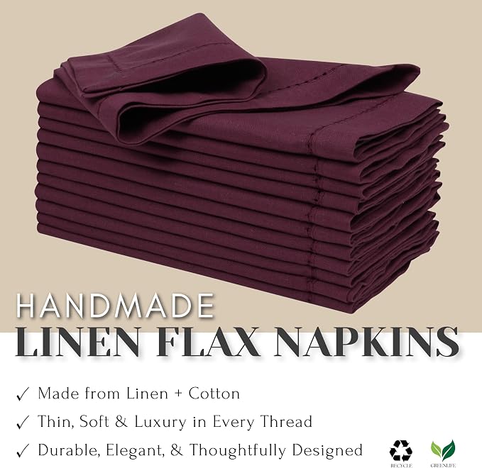 Ramanta Home Burgundy Cloth Dinner Napkin Set of 24-18x18 Inch | Cotton Linen Flax Hemstitched Napkins Washable for Everyday Use - Image 6