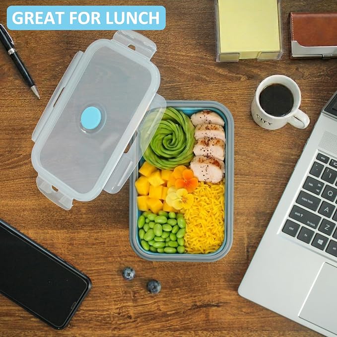 Collapsible Food Storage Containers with Airtight Lid & Vent Valve, 27 oz, Annaklin Kitchen Stacking Silicone Collapsible Meal Prep Container Set for Leftover, Microwave Freezer Safe, Blue, Set of 4 - Image 6