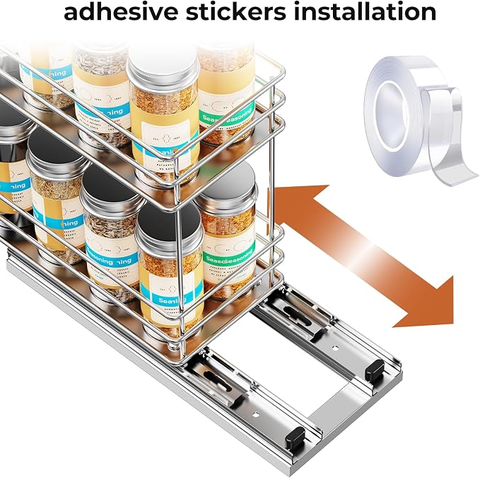 Mystozer Pull Out Spice Rack Organizer for Cabinet, Slide Out Spice Racks, Easy to Install, 4.33" Wx10.43 Dx8.66 H, 1 Drawer 2 Tiers(Silver) - Image 4