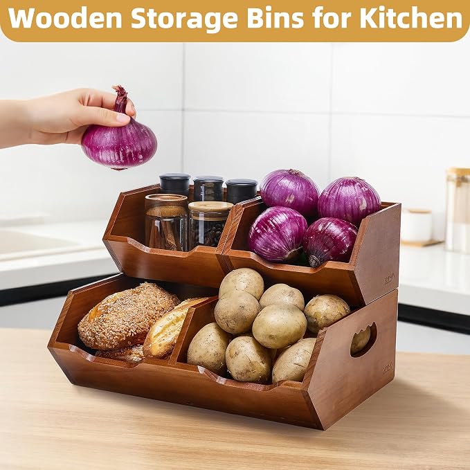 HYPIGO Wood Pantry Storage Baskets, Stackable Large Capacity Potato and Onion Storage Bins, Kitchen Pantry Organizers for Vegetables, Bread, Spices (Set of 3) - Image 2