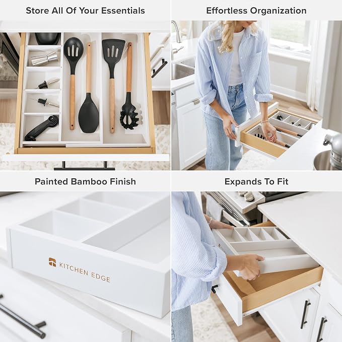 Utensil & Junk Drawer Organizer, 10.5-19 in, White Bamboo | Food-safe contract grade, 100% sustainable wood, non-slip, adjustable - Image 3