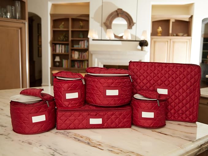 Covermates Keepsakes Dish Storage Set – Padded China & Dinnerware Storage Cases with Dividers, Cup & Stemware Storage, Quilted Polyester Protection, ID Window, Red - Image 4