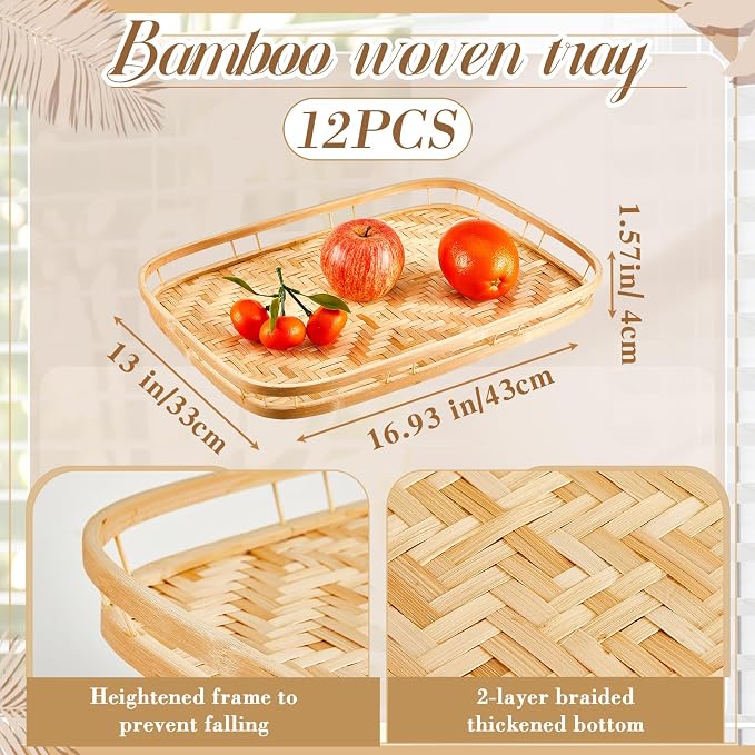 FillTouch 12 Pcs Bamboo Wicker Serving Trays 16.93 x 13 x 1.57 Inch Hand Woven Lap Trays for Eating Rectangular Flat Basket Tray Decorative Bedroom Bed Tray for Eating Dinner Fruit Snack Holder - Image 2