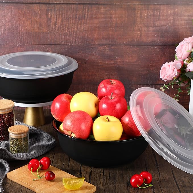 20 Pack 135 oz Large Plastic Serving Bowls with Lids Round Extra Large Disposable Salad Bowls Containers Chip Candy Dish for Salads and Snacks Party Picnic Buffet Eating(Black) - Image 7