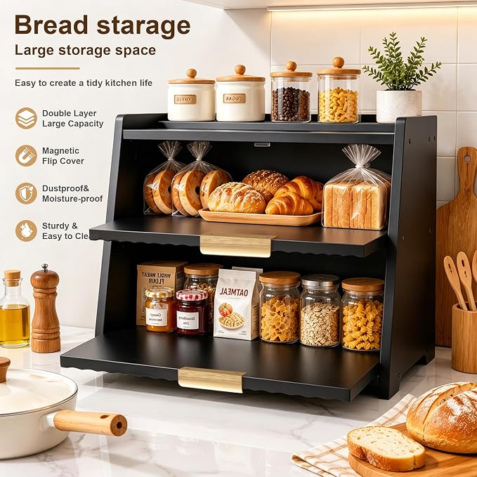 Large Bread Box for Kitchen Counter, Double Layer Wooden Bread Storage Container with Top Shelf, Countertop Organizer Cabinet for Bread, Bagels, Pastries, Coffee Station and Kitchen Essentials (Black) - Image 3