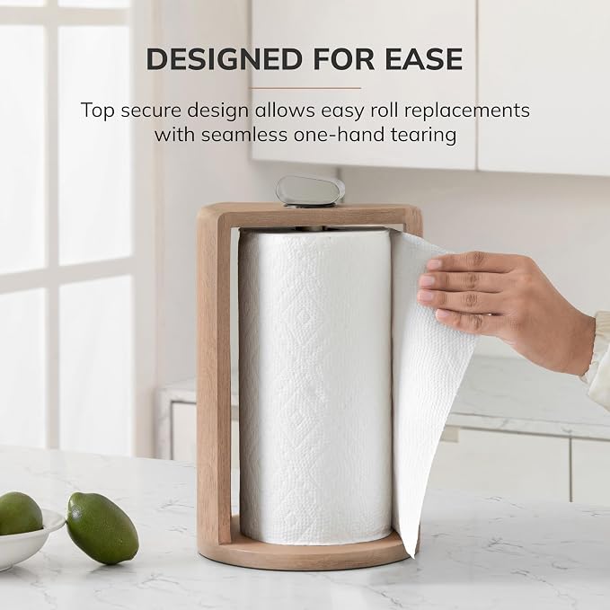 Anji Mountain Wooden Paper Towel Holder with Metal Holder, Holder Stand for Kitchen Roll Organizer & Kitchen Dining Table Home Décor, Countertop Fits Jumbo & Mega Rolls - Biscotti/Nickel, Top Load - Image 5