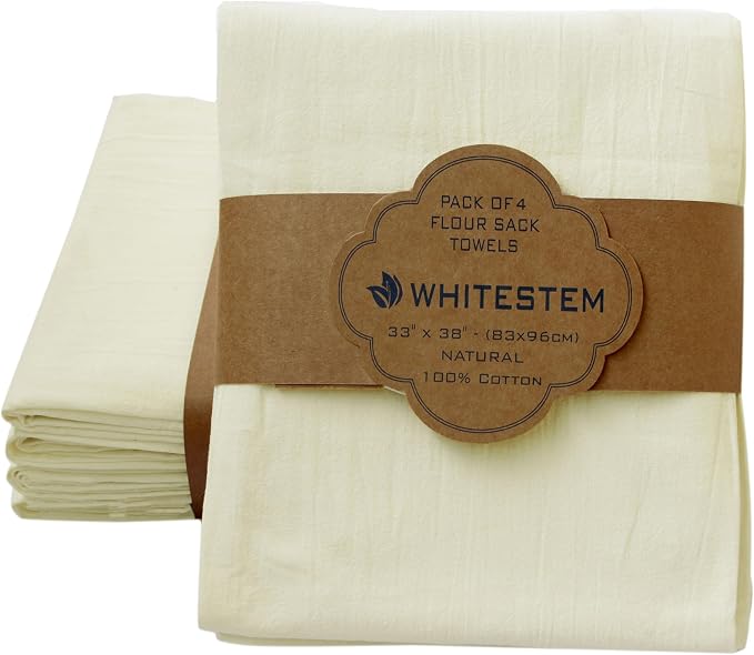 Flour Sack Towels | Tea Towel for Crafts | Kitchen Dish Cotton Blank Towel for Embroidery | Baking Bread Proofing Linen Cover | Thick Absorbent Quick Dry | 4 Pack 33"x38" Natural by WHITESTEM