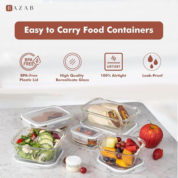 Razab 35 Pc Set Glass Food Storage Containers with Lids - Meal Prep Airtight Bento Boxes BPA-Free 100% Leak Proof (15 lids,15 glass & 5 Plastic Sauce/Dip Containers) - Image 7