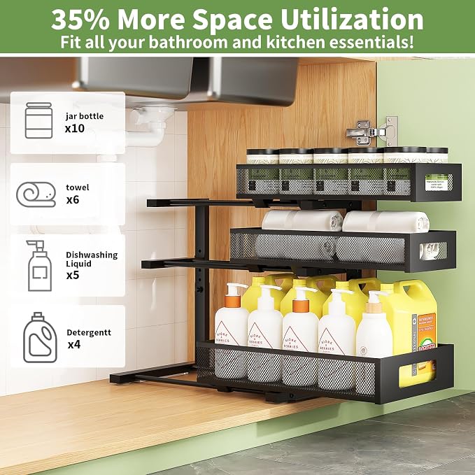 Under Sink Organizer,3-Tier Heavy Duty Pull out Cabinet Organizer Shelf | Height Adjustable,Thickened Metal,Slide out Storage Drawer Rack for Kitchen Bathroom Pantry Laundry Home Organization - Image 3