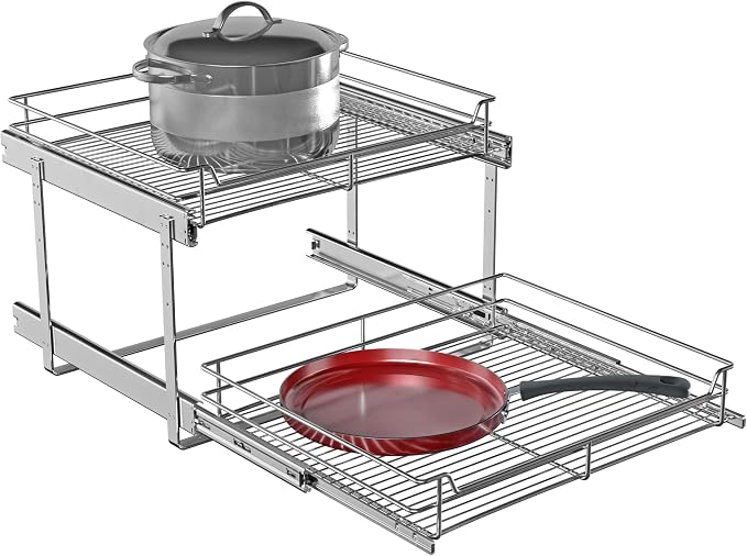 2-Tier Cabinet Pull Out Shelves, 20" W x 22" D, Chrome | Heavy-Gauge Wire Kitchen Cabinet Organizer, 100 lbs Capacity, Ball-Bearing Glides, Min 21" Opening, Pots & Pans Organizer - Image 6