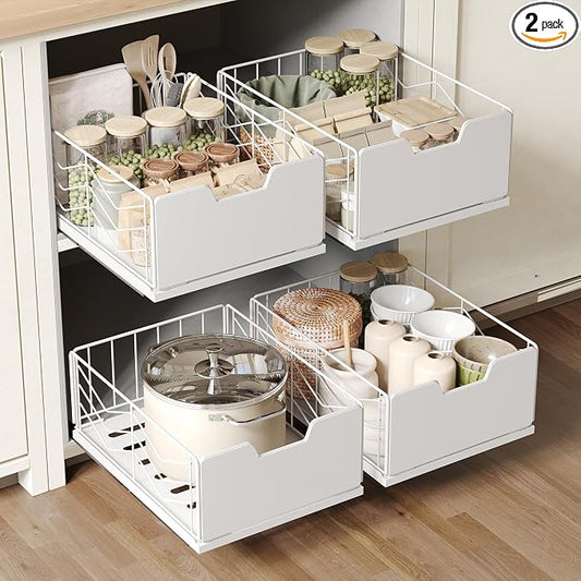 2 Pack Pull Out Cabinet Organizer, Slide Out Drawers for Kitchen Cabinets, Pull Out Drawers Fixed with Adhesive Nano Film, Kitchen Cabinet Organizer, Pantry Organizers,11.8" W X 15.7" D X 6.9" H by NETELOfficial