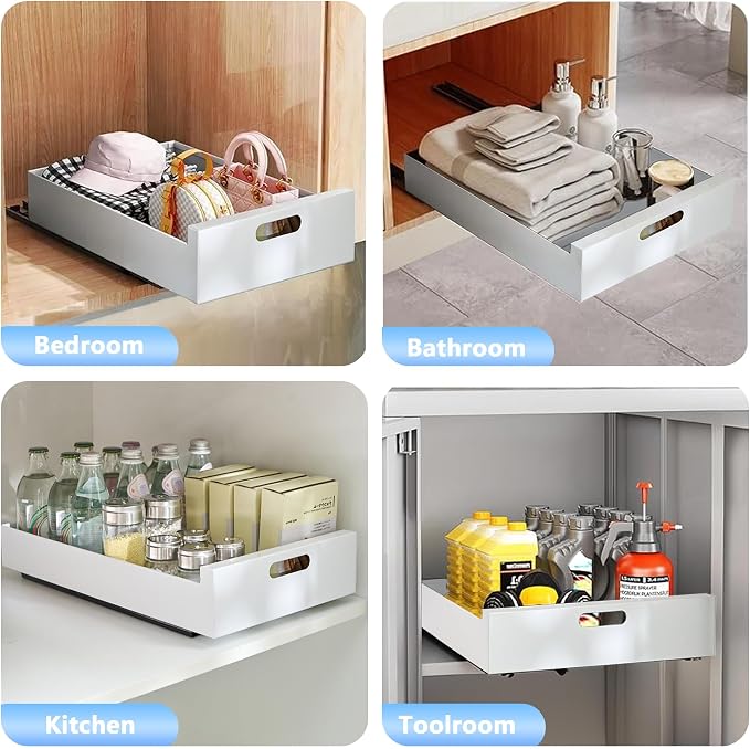 bealy 21'' Deep Pull Out Cabinet Organizer Adhesive, 10'' Wide Roll Out Cabinet Drawers for Face Frame or Frameless Cabinets, Sturdy Carbon Steel Kitchen Organizer Shelf for Pantry, Kitchen, Bathroom - Image 4