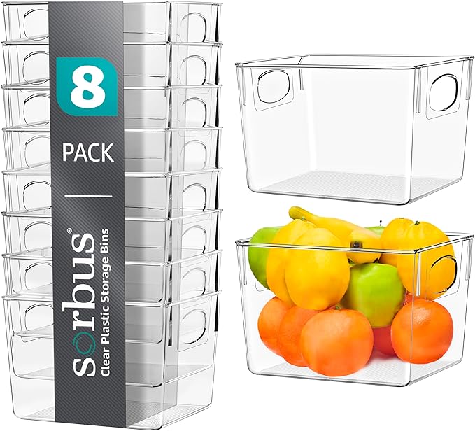 Sorbus Medium Clear Plastic Storage Bins for Shelves, Clothes, with Handle - Clear Storage Bins, Drawer, Shelf, Closet, Pantry, Fridge, Freezer Organizer Bins, Closet Organizers and Storage (8 pack) by Sorbus