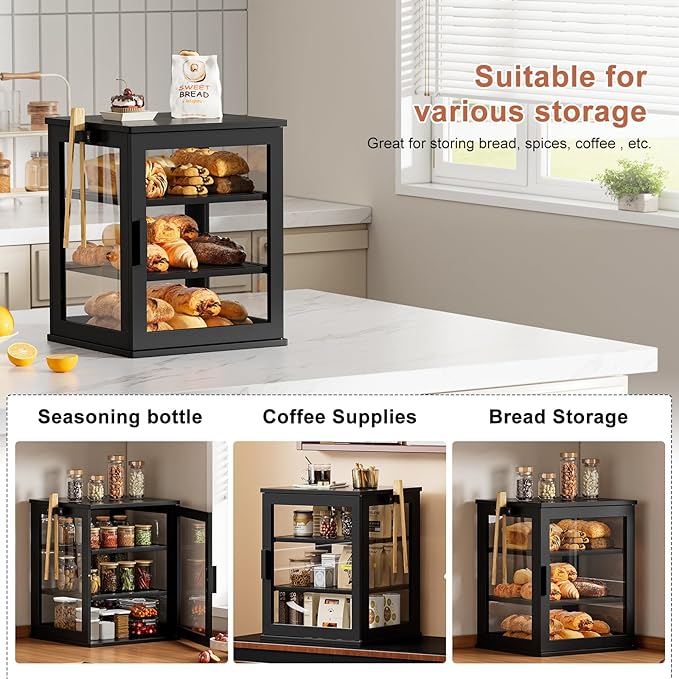 WOWLIVE Bread Box for Kitchen Countertop, 3 Layers Bread Storage Container | Large Bamboo Bread Bin for Homemade Bread with Window, Farmhouse Breadbox Organizer for Kitchen, Cabinet, Black, Extra Large - Image 6