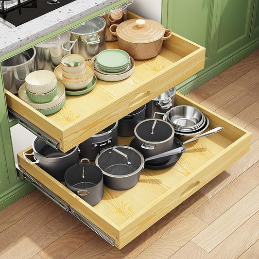 Pull Out Cabinet Organizer, Soft Close Wooden Slide Out Drawers for Pots and Pans, Full-extension Roll Out Shelves for Kitchen Cabinets, Pantry Organization, Bottom & Side Mount(26"W X 21"D x 3.4''H) by Kitstorack