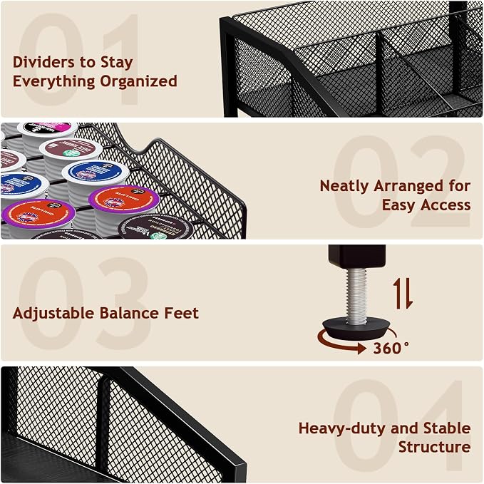Coffee Bar Organizer - Coffee Station for Countertop, Metal and Wood K Cup holder Storage Basket with Drawer for Syrup, Cups, Stirrer, Condiment, Tea Organizer, Black - Image 3
