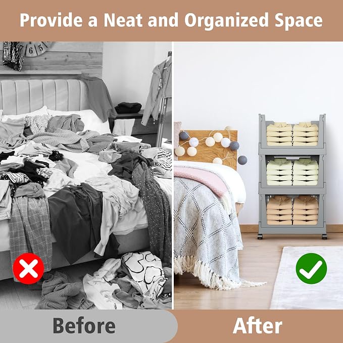 Stackable Storage Bins, Foldable Closet Organizers and Storage Bins Box, Plastic Shelves Drawer Organizer Container for Closet Office Bedroom Kitchen Bathroom with Wheels, Grey, 3 Pack - Image 3