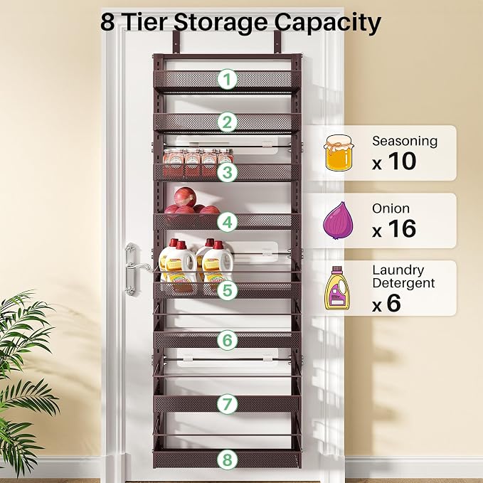 SNTD 8 Tiers Over the Door Organizer, 17" W x 6" D x 69" H, Bronze | Pantry Door Organizers and Storage, Height Adjustable Spice Rack, Dense Mesh Baskets, Anti-Swing, Adjustable Door Fastener - Image 7