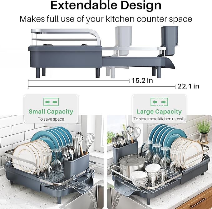 SNTD Expandable Dish Drying Rack for Kitchen Counter, 15.2-22.1 in, Gray | Rust-Resistant Stainless Steel, Protective Side Rails, Self-Draining Drainboard, Removable Utensil Holder - Image 2