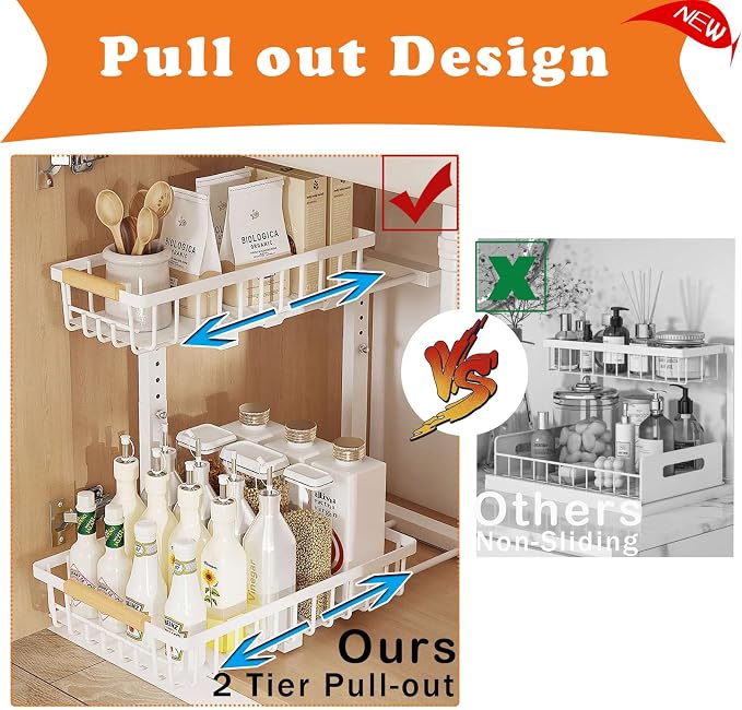 2 Pack Under Sink Organizer Cabinet for Kitchen Bathroom, 2 Tier Metal Slide Out Under Sink Drawers, Adjustable Height, Under Sink Pull Out Organizers and Storage, White,13.7" H-17 H - Image 3