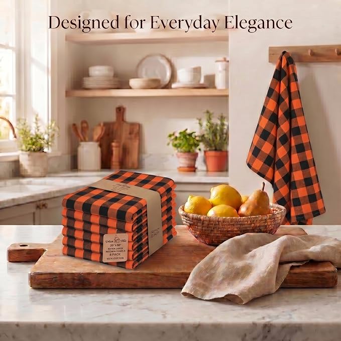 Urban Villa Kitchen Towels Cotton Dish Towels 20”x30” (Set of 6) Orange Blk - Image 5