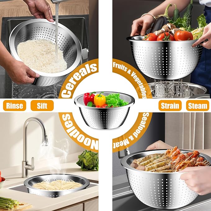 Mixing Bowls with Airtight Lids Set, 4 Stainless Steel Bowls Nesting Bowls & Colander, Kitchen Organizers and Storage Non-Slip Bottom, Size 1.5/2.0/2.5/4.5QT, Great for Mixing & Serving, Khaki - Image 3