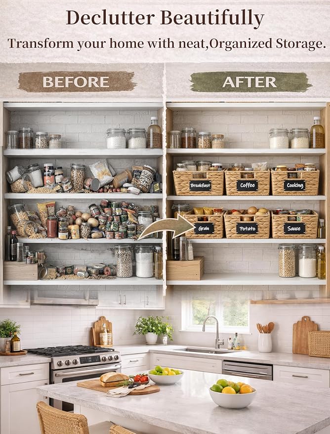 Pantry Baskets, 3 Pack Wicker Storage Baskets for Shelves, Natural | Water Hyacinth Baskets for Organizing, 3-Size Pantry Bins with Chalkboard and Marker for Shelf, Snack, Kitchen, Bathroom - Image 5