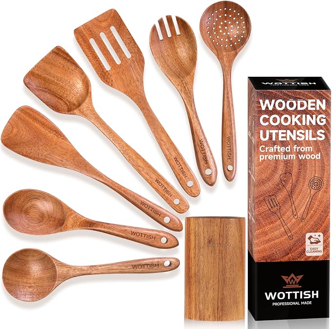 Wooden Spoons for Cooking - 8-Piece Wooden Kitchen Utensil Set made of Natural Solid Wood Material-Includes Spoons,Spatulas,Ladles,Mixing Spoon and Utensil Holder,Valentine's Day Gifts - Image 9