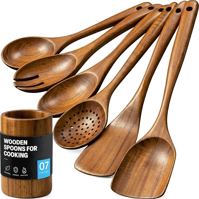 Zulay Kitchen 7-Piece Wooden Cooking Spoons Set – Heat-Resistant, Smooth Teak Utensils with Comfort Grip – Lightweight & Durable – Easy to Clean, Perfect for Non-Stick Cookware by ZulayKitchen