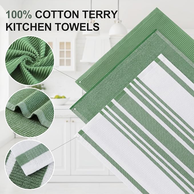 Homaxy Cotton 380 GSM Premium Kitchen Towels, 18"x28", 9 Pack, Grass Green | Soft and Absorbent Terry Dish Towels, Multipurpose Tea Towel Set with Hanging Loop, 3 Styles Kitchen Hand Towels - Image 2