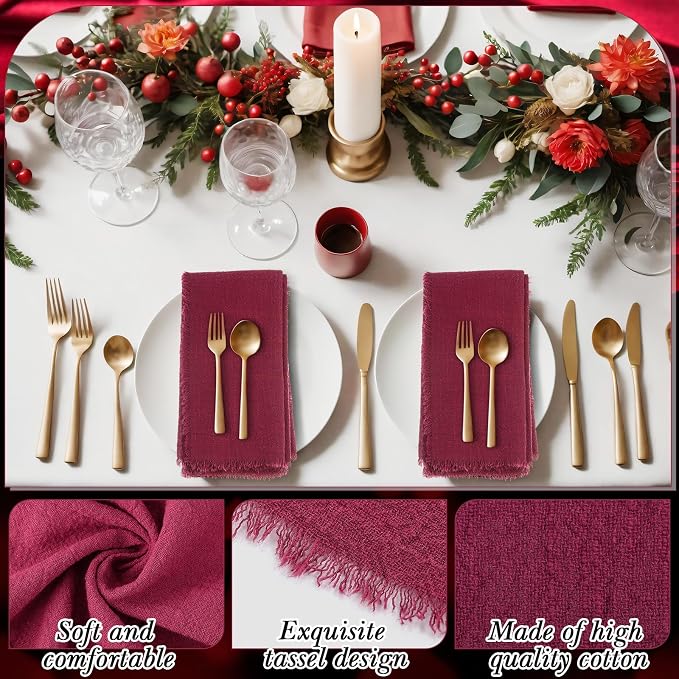 48 Pcs Cotton Linen Cloth Napkins with Fringe 16.5 x 16.5 Inch Square Rustic Dinner Linen Napkins Bulk for Wedding Party Banquet Dinner (Wine Red) - Image 5