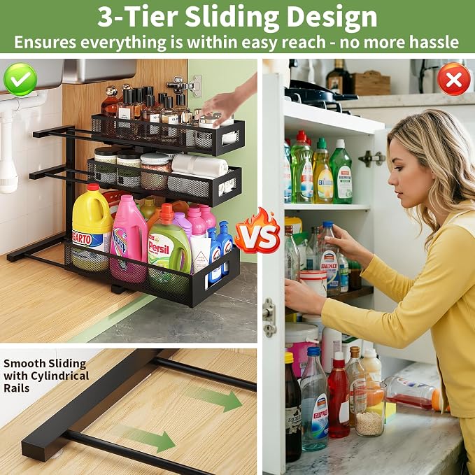 Under Sink Organizer,3-Tier Heavy Duty Pull out Cabinet Organizer Shelf | Height Adjustable,Thickened Metal,Slide out Storage Drawer Rack for Kitchen Bathroom Pantry Laundry Home Organization - Image 5