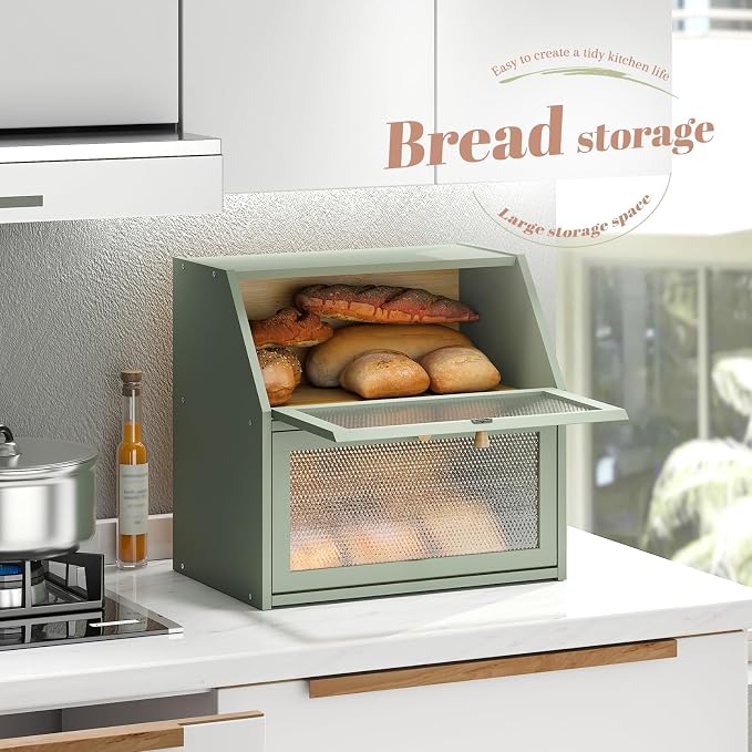 STDDRE Bread Box for Kitchen Countertop Bin Double Layer Bread Box Storage Container Extra Large Capacity Farmhouse with Diamond Pattern Windows (Green, Extra Large) - Image 8