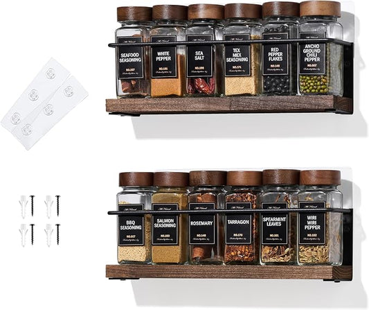 2-Tier Wall Mount Spice Rack Organizer - Screw/Adhesive Mount, Black Metal & Wood Spice Storage for Kitchen Pantry Cabinet, 11.6”L x 2.4”W x 3.2”H,Spice Jars Not Included by KitHero