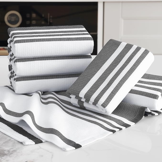 Homaxy Premium Cotton Stripe Kitchen Towels 6 Pack, 18"x 28", Black | Large 380 GSM Kitchen Hand Towels, Soft Terry Dish Towels, Highly Absorbent Tea Towel Set with Hanging Loop - Image 5