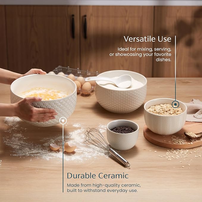 KooK Ceramic Mixing Bowls, Nesting Set of 4, Embossed Kitchen Dishware, Prep, Serving, Gift, Microwave and Dishwasher Safe, 20/44/98/145 oz, Narbonne Collection (Ivory) - Image 3