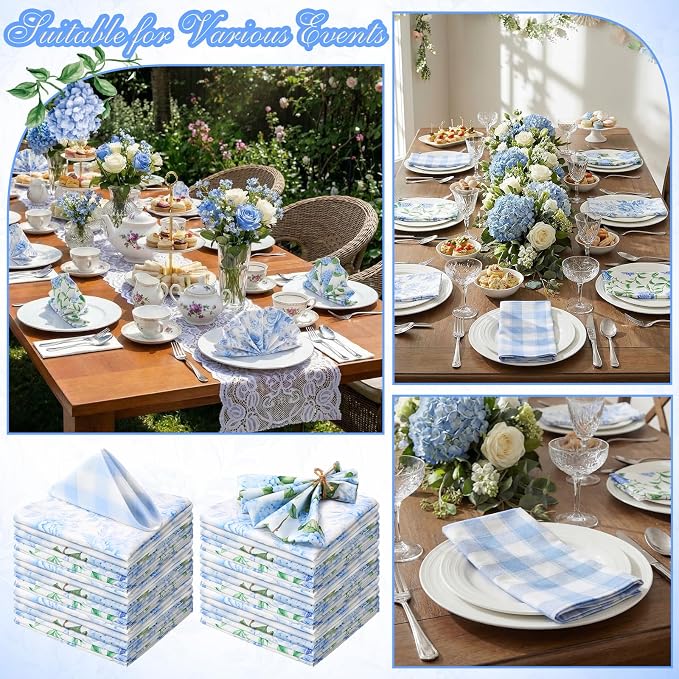 24 Pcs Floral Cloth Napkins 6 Patterns Washable Dinner Tea Party Napkins Reusable Plant Flowers Square Napkin Cotton Towel Decorative for Summer Wildflower Party(Blue Hydrangea) - Image 6