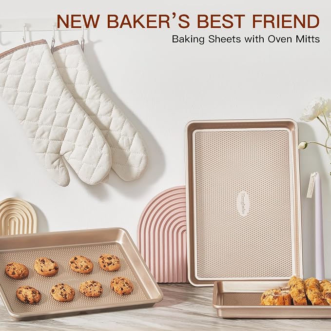 3 Pack Gold Nonstick Baking Sheet Pan Set with Oven Mitts Heat Resistant, Non-Toxic Half/Quarter/Jelly Roll Pans with Diamond Texture Pattern, Heavy Duty 0.8mm Thick Cookie Trays for Cooking - Image 5