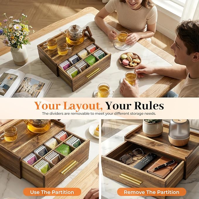 Acacia Wood Tea Bag Organizer with Storage Drawer | 8 Compartments Tea Caddy with Pattern Carving & 2 Ceramic Absorbent Coasters | Wooden Teabag Holder Tea Organizers for Countertop (Acacia) - Image 5