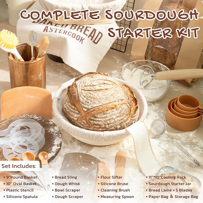 Astercook Sourdough Starter Kit with Round & Oval Banneton Bread Proofing Basket, Starter Jar, Dough Whisk, Scrapers, Stencils, Complete Sourdough Bread Baking Supplies, Fathers Day Gift for Men - Image 2