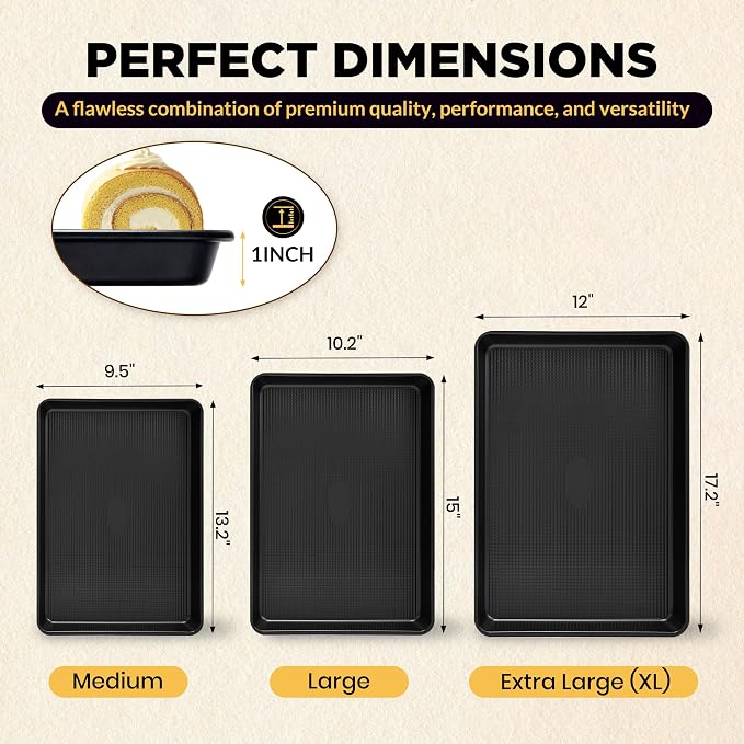 Saker 3-Piece Heavy Duty Carbon Steel Baking Sheets Set Non-Stick | | Cookie Sheets,Oven Safe, Even Heating, for Baking, Roasting, Cooking – Professional Grade (Black) - Image 2