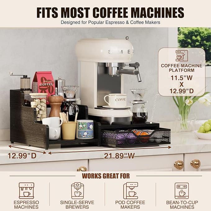 Coffee Station Organizer Compatible with Nespresso Vertuo Pods, Holds 48 Small or 32 Large Pods, 3-Tier Coffee Bar Organizer with K-Cup Holder, Coffee Pod Drawer & Syrup Cups Rack for Accessories - Image 7